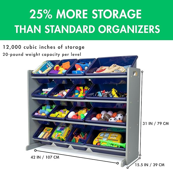 Humble Crew Supersized Toy Storage Organizer with 16 Removable Bins, Grey/Navy – Large Toy Storage for Toddlers Ideal for Kids' Rooms, Playrooms, and Nurseries - Modern Toy Bins for Kids