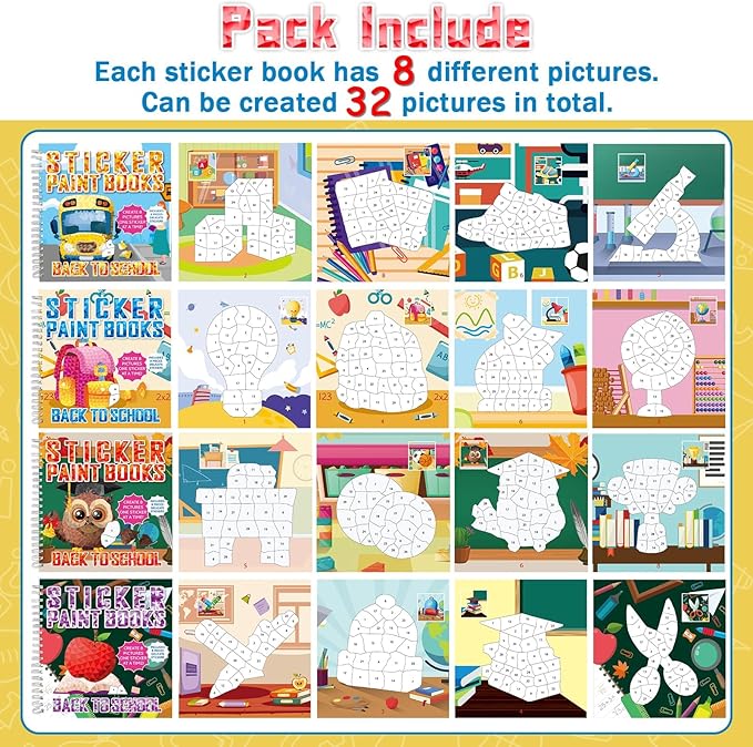 4Pcs Back to School Paint by Sticker Books Sticker by Number Books Activity Book Puzzle Book Craft Art Gift School Bus Apple Owl Alarm 32 Pictures