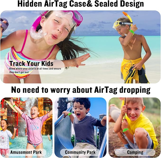 2 Pack Waterproof AirTag Bracelet for Kids, Hidden Silicone Wristband for AirTag, GPS Tracker Case for Air Tag Holder Strap Band for Child Toddler, Secure Anti-Loss Protection(Luminous)