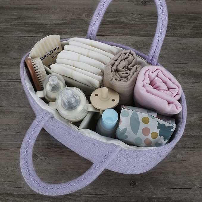 Baby Diaper Caddy Organizer Cotton Rope Nursery Storage Bin Basket Portable Holder Tote Bag for Changing Table Car Travel Baby Shower Gifts Newborn Essentials Registry Must Have Purple or Lavender