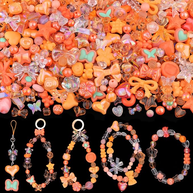 Assorted 170-230PCS Orange Acrylic Beads for Bracelet Making, Flower Bow Butterfly Candy GummyBear Aesthetic Bracelet Charms,Cute Beads for Jewelry Making DIY Necklace Keychain Phone Charm