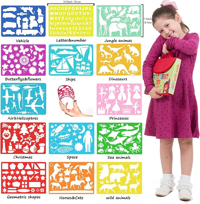 Drawing Stencils for Kids Kit & Carry Case – – Child-Safe, Non-Toxic Stencil Set with 300 Shapes, Colored Pencils, Paper, Etc. – Birthday Gifts & Travel Art Supplies for Creativity, Learning and Fun