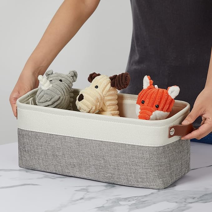 DULLEMELO Small Storage Baskets 15"x6"x5.5", Fabric Storage Bins for Toilet Tank Top [2 Pack], Back of The Toilet Basket (White&Grey)