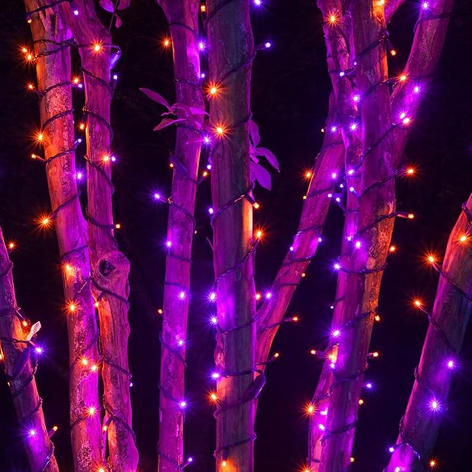 Dazzle Bright Purple & Orange Halloween String Lights, 33FT 100 LED Connectable Black Wire 8 Modes String Lights, Waterproof Halloween Decorations for Indoor Outdoor Patio Party Holiday