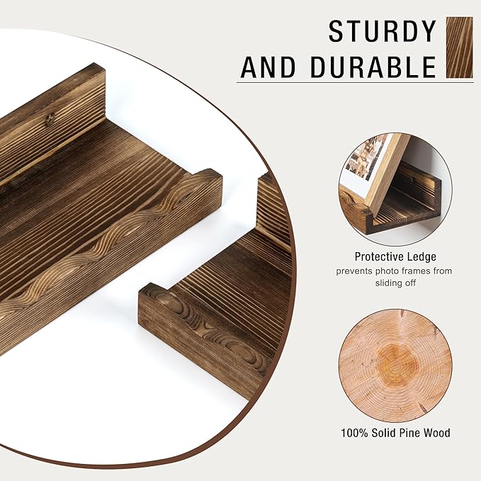 Fun Memories Picture Ledge Shelf for Wall, 24 inch Pine Wood Nursery Book Shelves Set of 2- Wall Book Shelves for Kids Room, Home Decor - Kitchen Spice-Carbonized