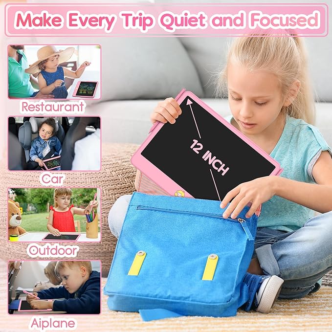 Hockvill LCD Writing Tablet for Kids 12 Inch, Toys for Boys Girls Drawing Pad for 3 4 5 6 7 Year Old Kids Toys, Toddler Erasable Doodle Board Travel Essentials, Children’s Day Gift for Kids - Pink