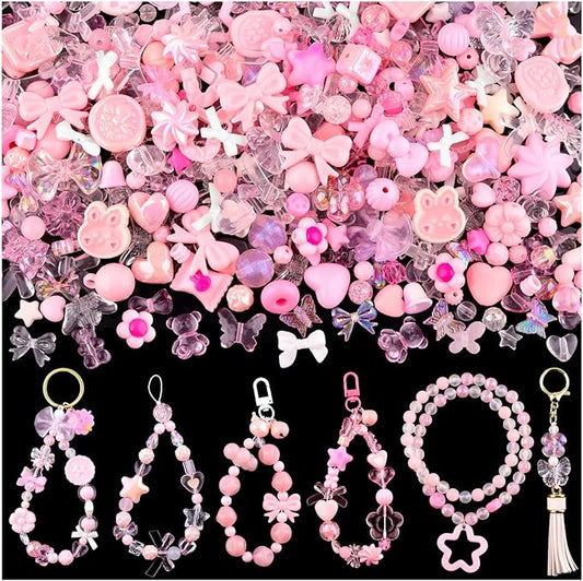 Assorted 170-230PCS Pink Acrylic Beads for Bracelet Making, Flower Bow Butterfly Candy GummyBear Aesthetic Bracelet Charms,Cute Beads for Jewelry Making DIY Necklace Keychain Phone Charm