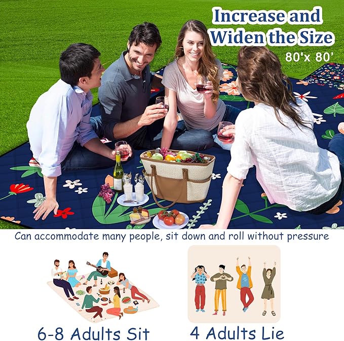 Extra Large Picnic Blanket Waterproof,80"x 80"Foldable Machine Washable Beach Blanket,Outdoor Blanket for 6-8 Adults,Suitable for Indoor Crawling,Park Beach,Camping,Hiking,Family Travel(Light Blue)