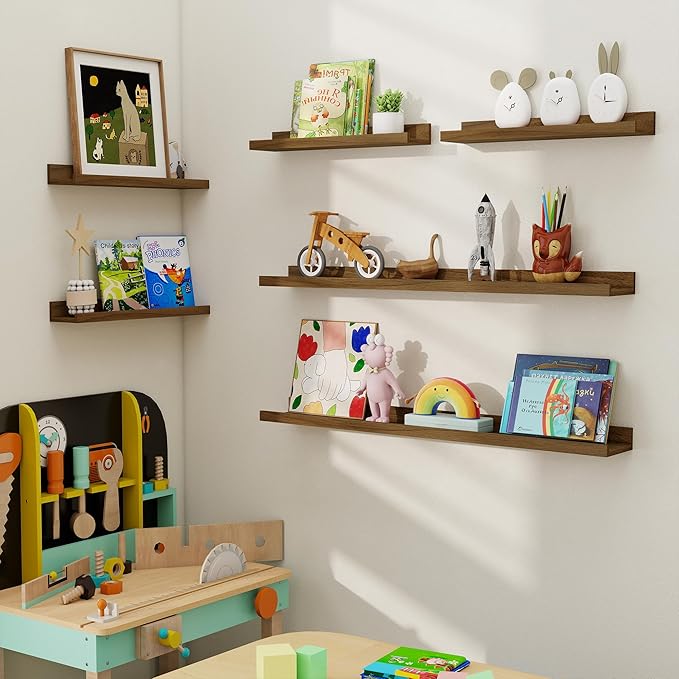 Axeman Picture Ledge Shelf, Floating Shelves for Wall Decor Storage Set of 6, 36 inch Floating Wall Mounted Shelves, Wall Shelves with Lip for Living Room, Bedroom, Nursery, Bathroom, Kitchen, Walnut