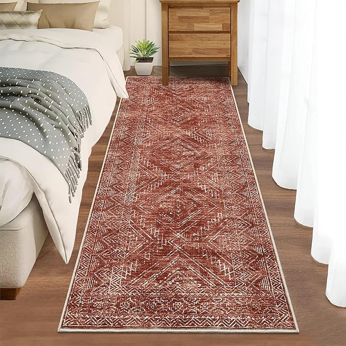 COZYLOOM 2x8 Rug Modern Indoor Area Rug Machine-Washable for Living Room or Bedroom Softness Foldable Carpet for Easy Storage Geometric Design Non Slip Rug Stain Resistant Carpet, Brick Red