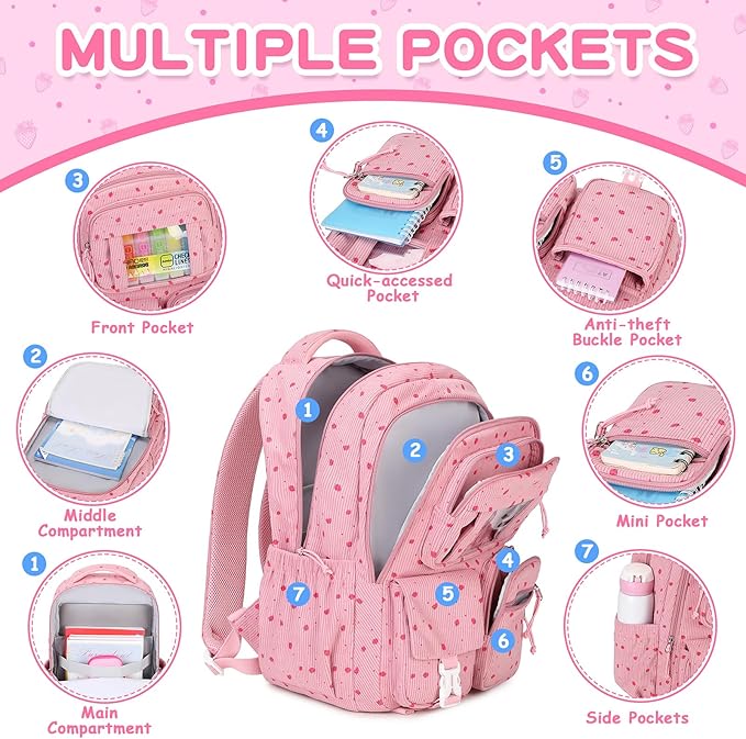 Corduroy Backpack Kids Backpack for Girls School Bags for Middle School Students Book Bag for Elementary Primary Kawaii Ita Backpack, Pink Strawberry