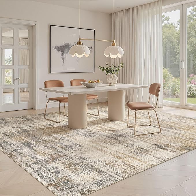 Area Rug for Living Room: 7x9 Washable Neutral Abstract Modern Soft Rugs Non Slip Indoor Floor Stain Resistant Large Carpet for Bedroom Dining Room Office Nursery - Golden Brown