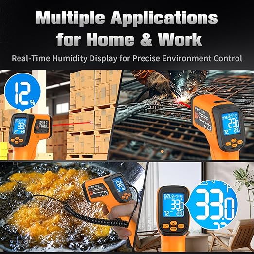 Dual-Mode Infrared Thermometer Gun，-58°F to 1472°F Laser Temp Gun, -58°F to 572°F K‑Type Probe with Humidity Display, 12:1 D:S