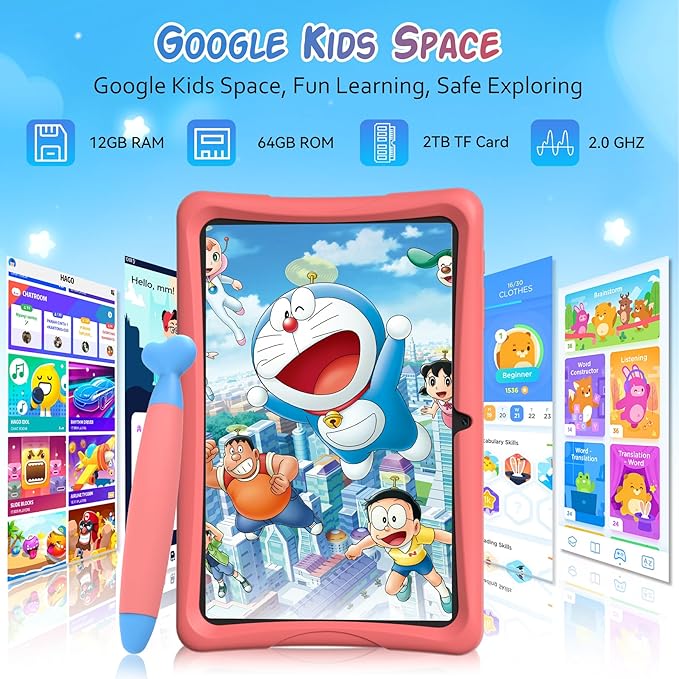 Kids Tablet 10 inch, Android 15 Kids Tablets, Parental Control, Pre-Installed Kiddos Software & Kids Space, Includes Case & Stylus Pen, 12GB RAM 64GB ROM, 2TB Expand, HD IPS Screen(Pink)