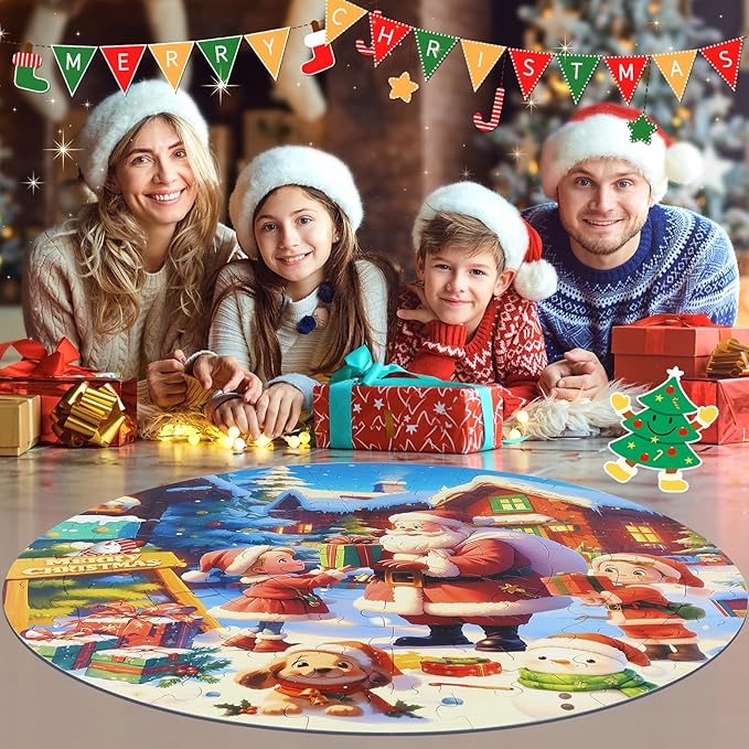 Christmas Puzzles for Kids Ages 4-6, Kids Puzzles with Santa Claus & Snowman,70 Piece Round Large Floor Puzzles for Kids Ages 3 4 5 6 7 8, Educational Toy Gift Jigsaw Puzzles for 5 Year Old Boys Girls