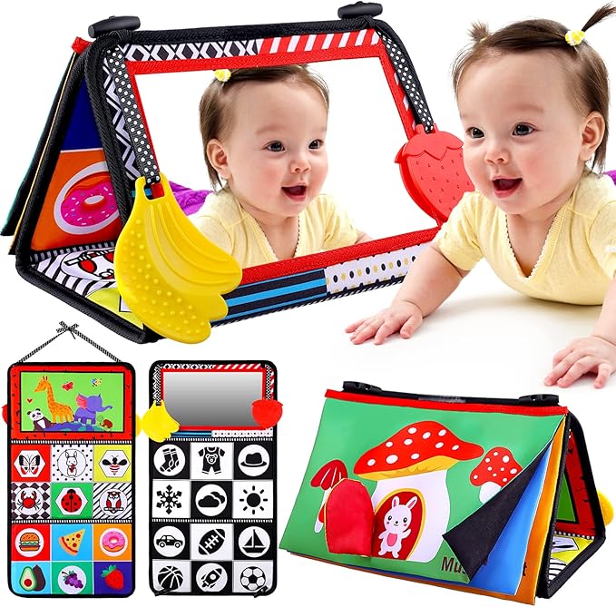 Baby Mirror Tummy Time Toys 0-3 3-6 Months Sensory Crinkle Baby Books Black and White High Contrast Baby Toys for Newborn Infant Montessori Car Seat Toys 0-6 Month Boy Girl Easter Basket Stuffers Gift