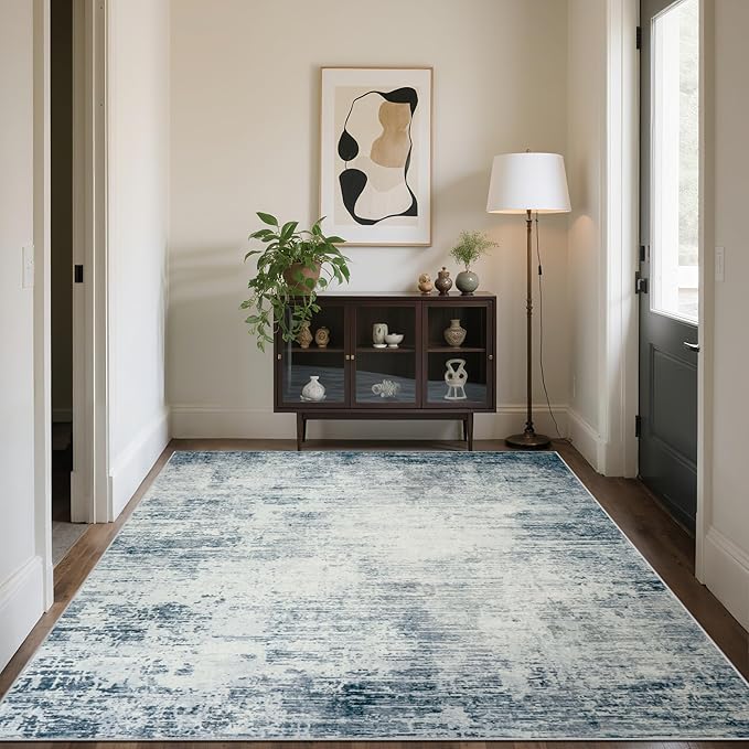 Area Rug 9x12 Washable Rugs: Abstract Large Living Room Rugs with Non-Slip Backing, Stain Resistant Indoor Floor Carpet for Bedroom Dining Room Table Nursery Hallway Home Office-Blue/Ivory