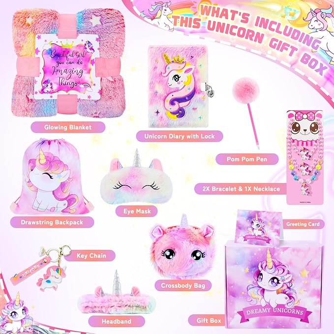 13PCS Unicorns Gifts for Girls Kids Toys 3 4 5 6 7 8 9 10 Years Old with Stationery Plush Diary with Lock/Glowing Blanket/Eye Mask/Crossbody Bag Teen Girl Birthday Christmas Unicorn Toy