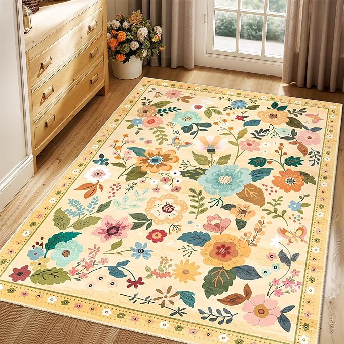 Floral 3x5 Area Rug Machine Washable Soft Print Boho Carpet Non Slip Doormat Low Pile Flower Area Rugs for Living Room Bedroom Nursery Kitchen Dining Room Indoor-Ivory/Yellow