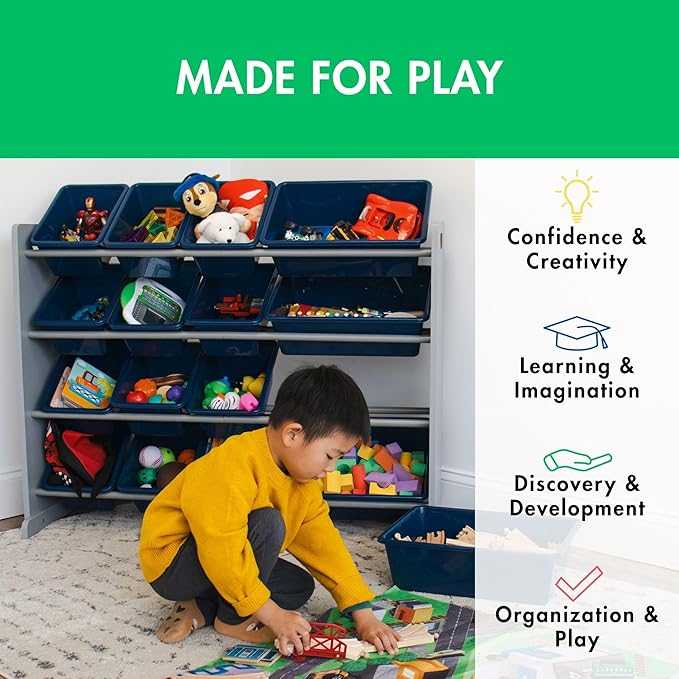 Humble Crew Supersized Toy Storage Organizer with 16 Removable Bins, Grey/Navy – Large Toy Storage for Toddlers Ideal for Kids' Rooms, Playrooms, and Nurseries - Modern Toy Bins for Kids