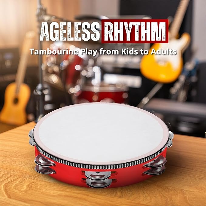 Flexzion Wood Handheld Tambourine Adults 8-Inch Double Row 8-Pair Jingles (Red) - Percussion Round Tamborines Musical Instrument with Metal Zills