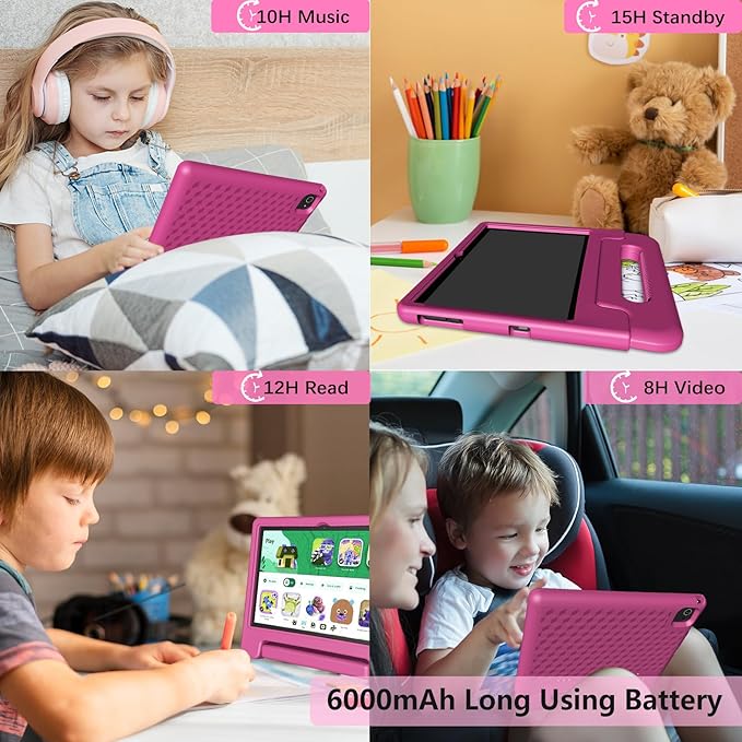 Kids Tablet 8GB+64GB, 10 Inch Android 14 Tablet for Kids 6000mAh with Case, WiFi 6, Bth 5.2, Dual Camera, GPS Pre-Installed Parental Controls, Kids Space & Family Link Great Gift for Toddler Children