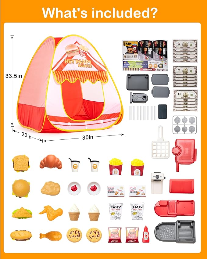 Kids Play Tent, Pop Up Play Tent Burger Theme with Complete Toy Set, Play Toys Play Set for Kids Indoor Outdoor Pretend Play