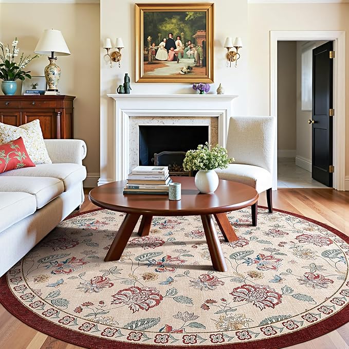 jinchan 7ft Floral Round Rug for Dining Room Washable Living Room Rug Vintage Romance Design Non Slip Indoor Floor Cover Lightweight Low-Profile Throw Carpet for Bedroom Porch Patio, Red/Beige