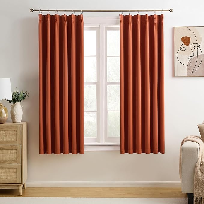 KEQIAOSUOCAI Burnt Orange Window Curtains 63 Inches Long, Block Out Room Darkening Insulated Memory Shape Boho Muted Ochre Orange Curtain for Bedroom 40 Inch Wide Each Panel,Set of 2,Pinch Pleat