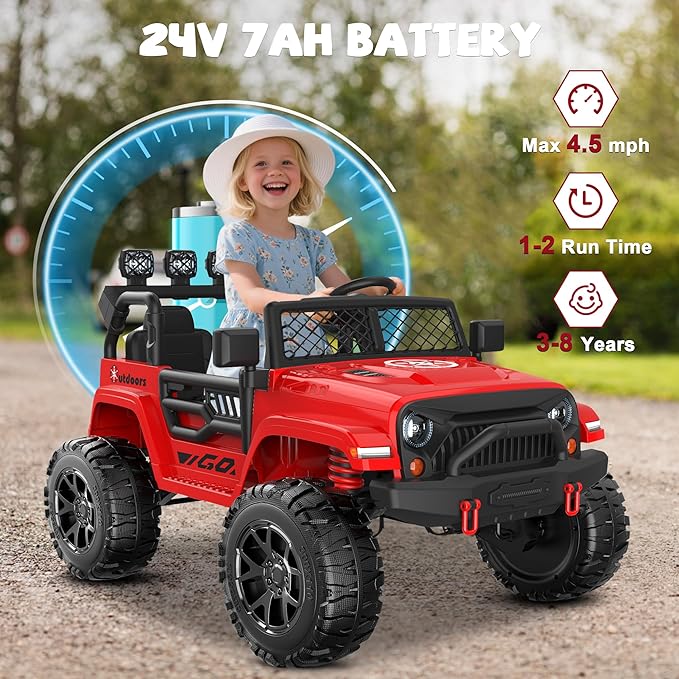 ANPABO 24V 2 Seater Ride On Car for Kids w/EVA Tires, 4X200W Motors, 4 Shock Absorbers, 2.4G Remote Control, Bluetooth Radio, LED Headlights & Searchlights, Electric Car for Kids Ages 3-8,Bright red