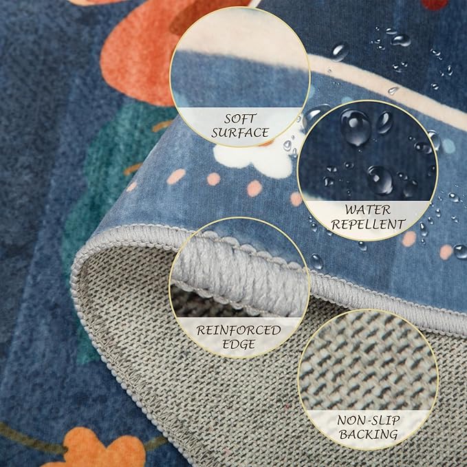 Floral 4ft Area Rug Machine Washable Soft Print Boho Carpet Non Slip Doormat Low Pile Flower Area Rugs for Living Room Bedroom Nursery Kitchen Dining Room Indoor-Blue/Grey