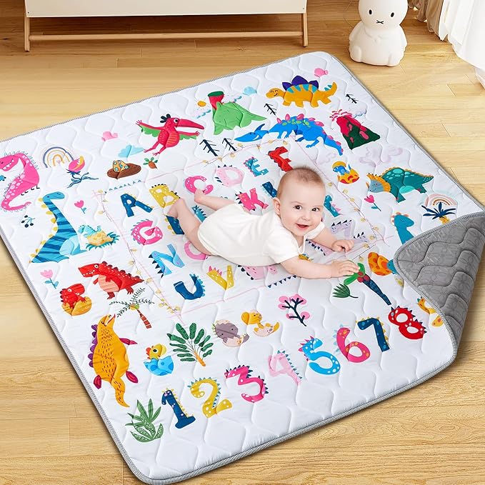Baby Play Mat - Thicken 50x50 Inch Soft Foam Crawling Mat for Playpen & Floor, Non-Slip Waterproof Playmats for Infants & Toddlers, Portable Foldable & Machine Washable, Dinosaur & Letters