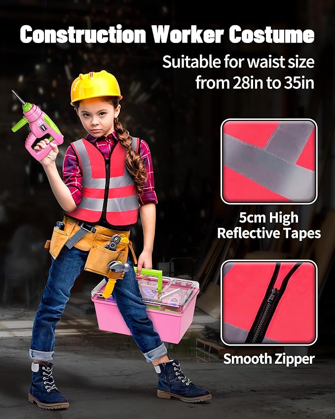 Deejoy 54Pcs Large Kids Tool Set with Electric Saw & Electronic Toy Drill, Pretend Play Kids Construction Set for Toddler 3-5 Years Old, Toddler Tool Set-Pink