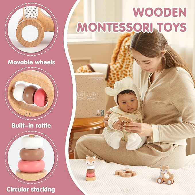 Freniland Wooden Montessori Toys, 5-Piece Wooden Baby Toys, Koala Wooden Baby Rattle, Fox Stacking Ring Baby Toys, Little Fox Wooden Baby Push and Pull Toys,Newborn Baby Gift Sets for Boys and Girls