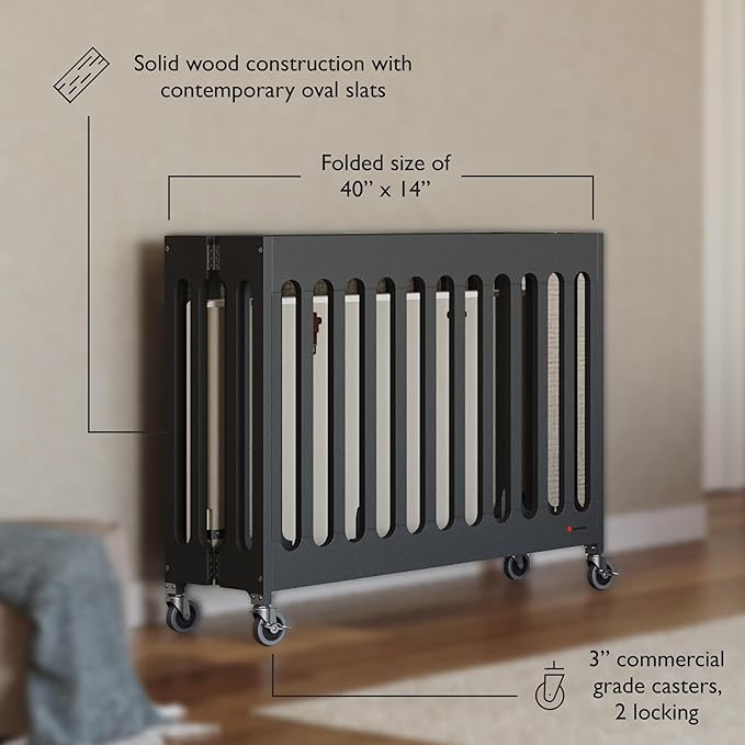 Foundations Boutique Folding Hotel Crib and Sheet Bundle - Includes Wooden Mini Crib with 3" Foam Mattress (Ebony) and 6-Pack White Fitted Compact Sheets