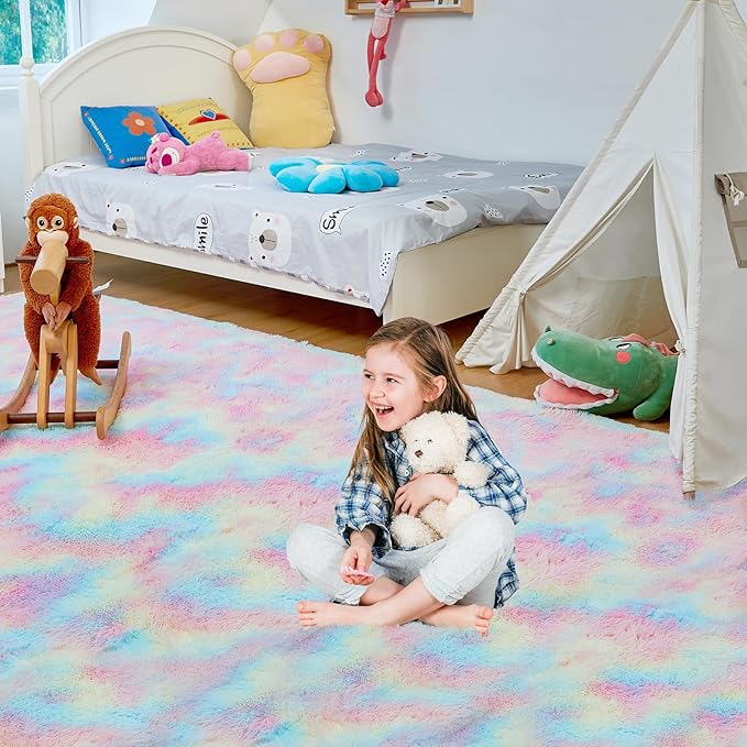 Fluffy Colorful Rug for Living Bedroom, Rainbow Fluffy Soft Plush Area Rugs for Girls Bedroom, Fuzzy Nursery Rug for Baby's Toddler's，Clorful Room Decor for Teenage, Easy-Cleaning, Non Shedding, 3X4