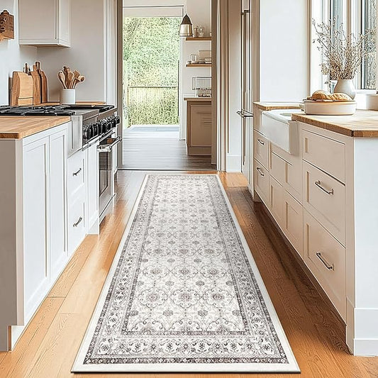 jinchan Hallway Runner Rug 2x10 - Machine Washable Beige Vintage Floral Distressed Design Soft Non-Slip Low-Pile Ultra-Thin Runner Rug for Kitchen Laundry Room Bedroom Farmhouse (2‘x10',Beige)