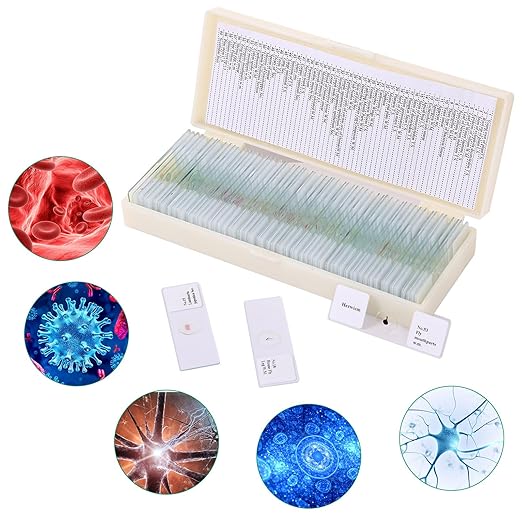 60 Pieces Prepared Microscope Slide Set with Specimens, Plant Animal Cell Science Education Microscope Slides for Bioscience Labs
