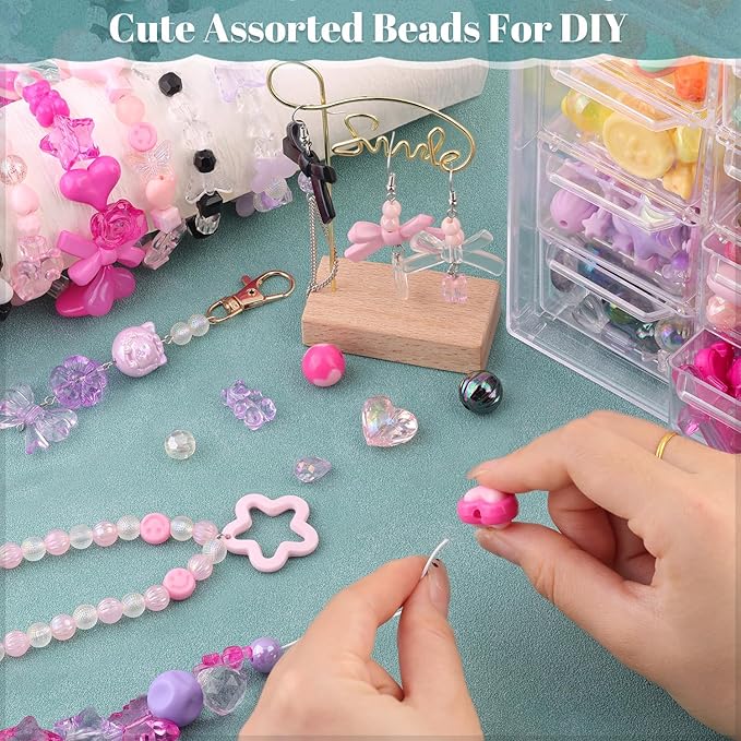Assorted 180-240PCS Acrylic Beads for Bracelet Making,Flower Bow Butterfly Candy GummyBear Kawaii Aesthetic Bracelet Charms, Cute Beads for Jewelry Making Necklace Keychain Phone Charms DIY