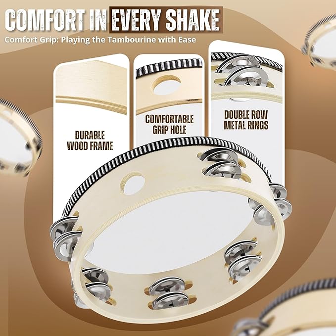 Flexzion Wooden Round Tambourine for Kids and Adults 8" Inch Single Row 8 Pair Jingles, Wood Handheld Percussion Instrument for Beginner and Professional Tambourine Player