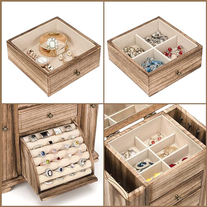 Jewelry Box for Women, Rustic Wooden Jewelry Boxes & Organizers with Mirror, 4 Layer Jewelry Organizer Box Display for Rings Earrings Necklaces Bracelets (Rustic Brown)