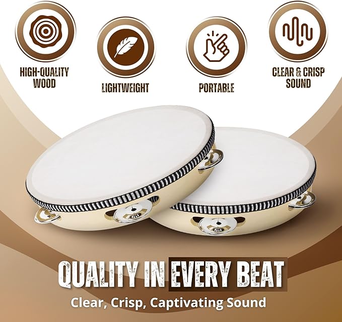 Flexzion Wood Handheld Tambourines - 8 and 6 Inch Set of 2 Pack, with Single Row Metal Jingle Bell (Wood) Hand Held Tambourine Percussion Drum Moon Musical Instrument