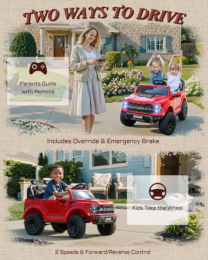 24V 2 Seater Ride on Toys for Kids, Licensed Ford F-150 Raptor Kids Electric Vehicles w/Remote Control, Power Pedal and Durable Wheels, LED Lights, Bluetooth, Truck Bed Storage (Red)