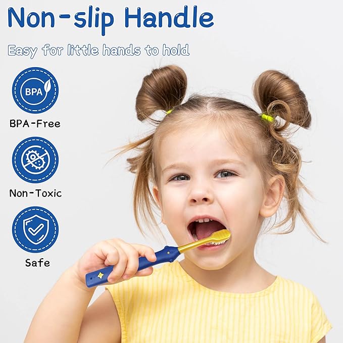 EASICUTI Extra Soft Kids Toothbrushes 4 Pack, Space Style Toddler Toothbrushes for Ages 2-12 Years, Baby Toothbrush 12 Months and up, Childrens Toothbrush Help Remove Plaque and Stains-Blue, White