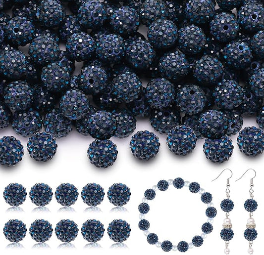 200pcs 10mm Rhinestone Beads for Jewelry Making, Blue Black Shiny Round Disco Ball Beads Bulk, Sparkle Crystal Clay Christmas for Bracelet Baseball Necklace Earring Crafting and DIY