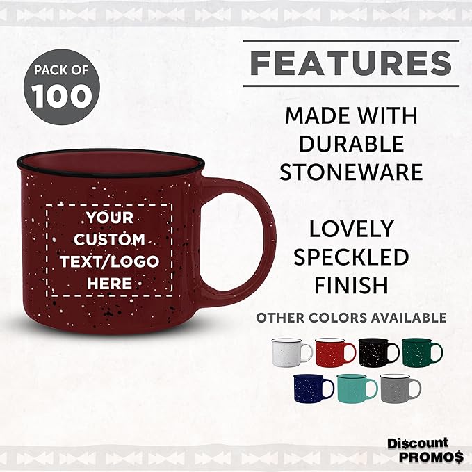 DISCOUNT PROMOS Custom Ceramic Campfire Coffee Mugs 13 oz. Set of 100, Personalized Bulk Pack - Perfect for Tea, Espresso, Cappuccino, Hot Cocoa - Maroon