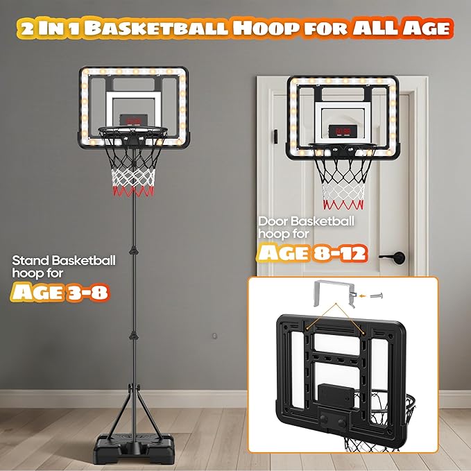 Kids Indoor Basketball Hoop with Scoreboard & Timer,Toddler Adjustable Height Basketball Goal Toy for Outdoor Backyard,Sports Game Play