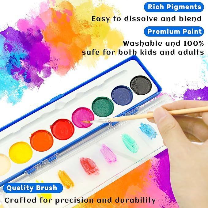 24 Pack Watercolor Paint Set for Kids - 8 Washable,Bright Colors with Paintbrush Watercolor Paint Bulk for Kids Party Favors,Classrooms Supplies,Art Lessons