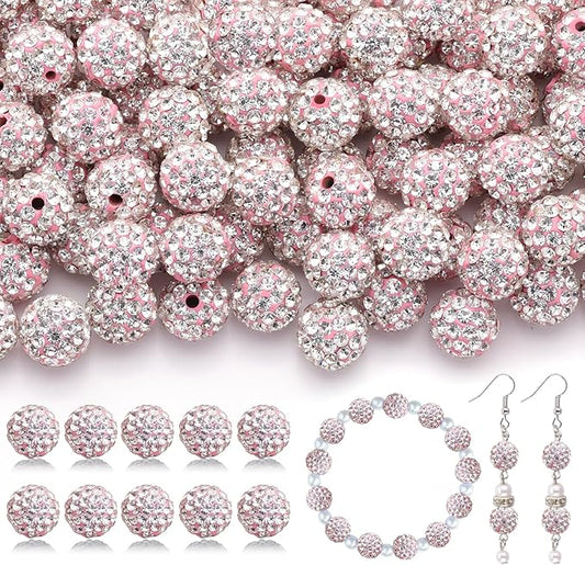 160pcs 10mm Rhinestone Beads for Jewelry Making, Pink White Shiny Round Disco Ball Beads Bulk, Sparkle Crystal Clay Christmas for Bracelet Baseball Necklace Earring Crafting and DIY