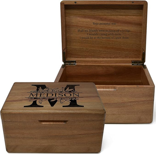 Floral Initial Keepsake Box - Personalized Memory Box for Keepsakes Wedding, Baby Shower - New Born Decorative Storage Chest, Rustic Memorabilia Box for Valentines Day, Monogrammed Gifts, 8x6x4 in